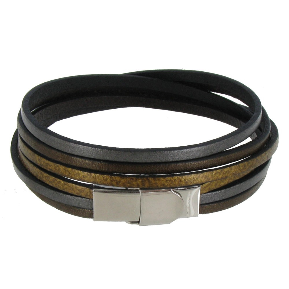LES POULETTES BIJOUX Bracelet Femme Cuir Trois Lanières Bronze Argenté Doré Fermoir