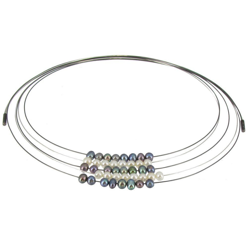 LES POULETTES BIJOUX Collier Multi-fils Argent Perles Blanches et Gris Foncés