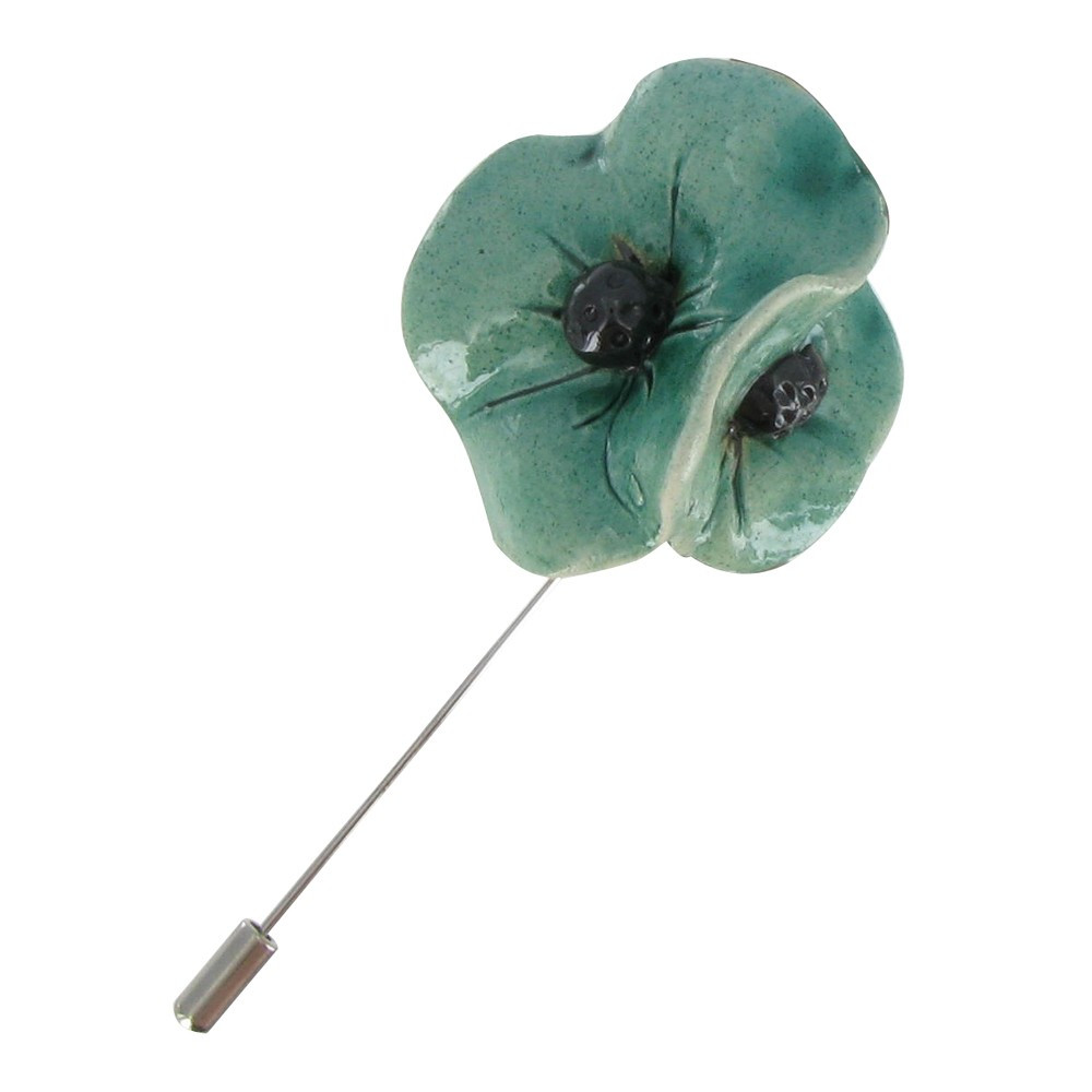 LES POULETTES BIJOUX Broche Deux Coquelicots Céramique Verte Métal Argenté