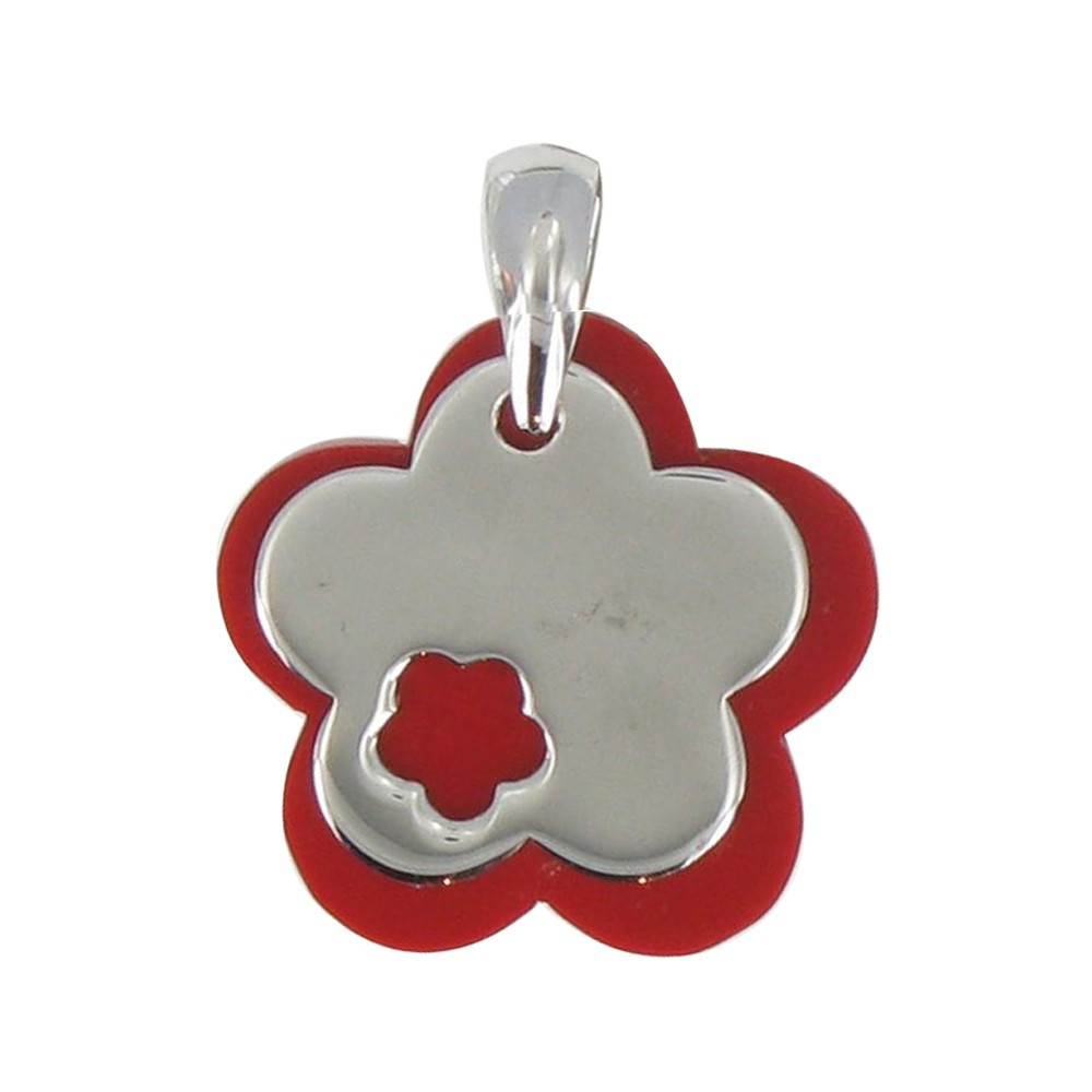 LES POULETTES BIJOUX Pendentif Chance Résine Couleur Corail Rouge et Argent