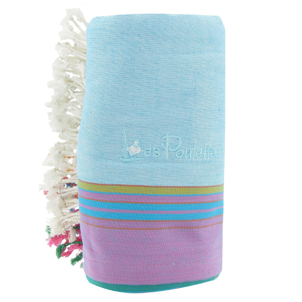 LES POULETTES BIJOUX Kikoy Serviette Plage Coton Eponge Couleur Bleu Ciel