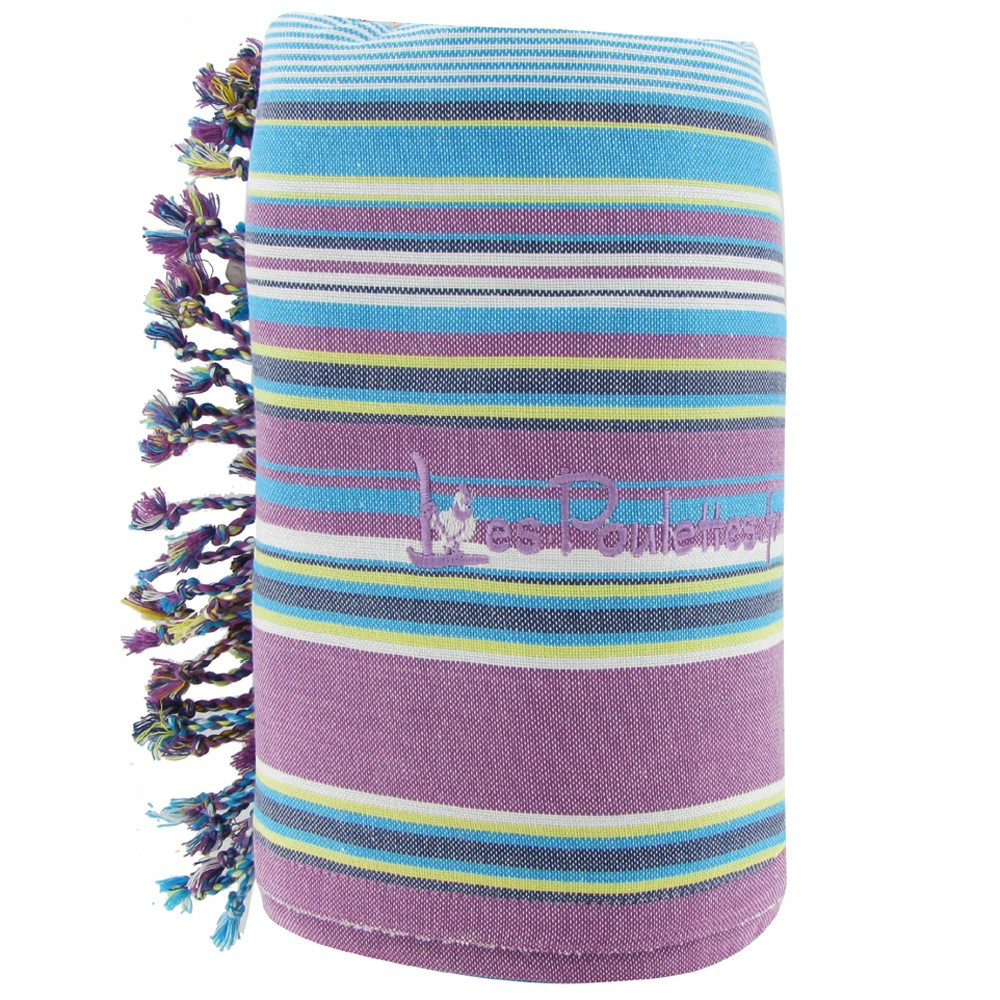 LES POULETTES BIJOUX Kikoy Serviette Plage Coton Eponge Couleur Rayé Violet Turquoise