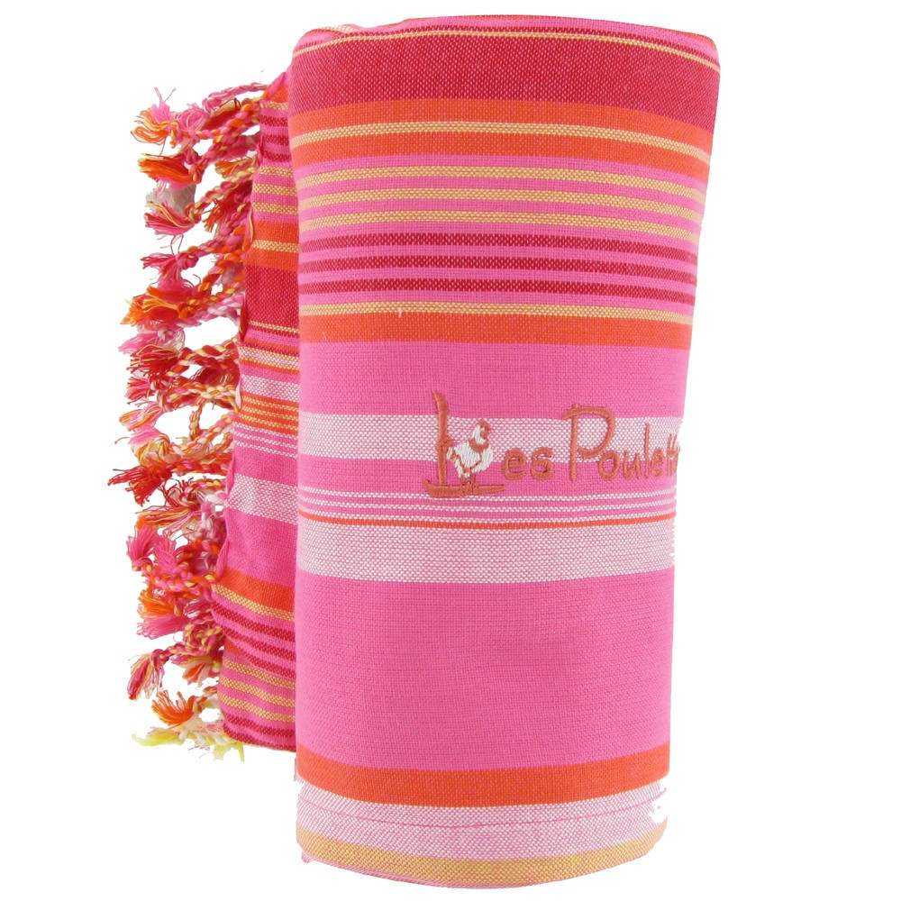 LES POULETTES BIJOUX Kikoy Serviette Plage Coton Eponge Couleur Rayé Rose Orangé