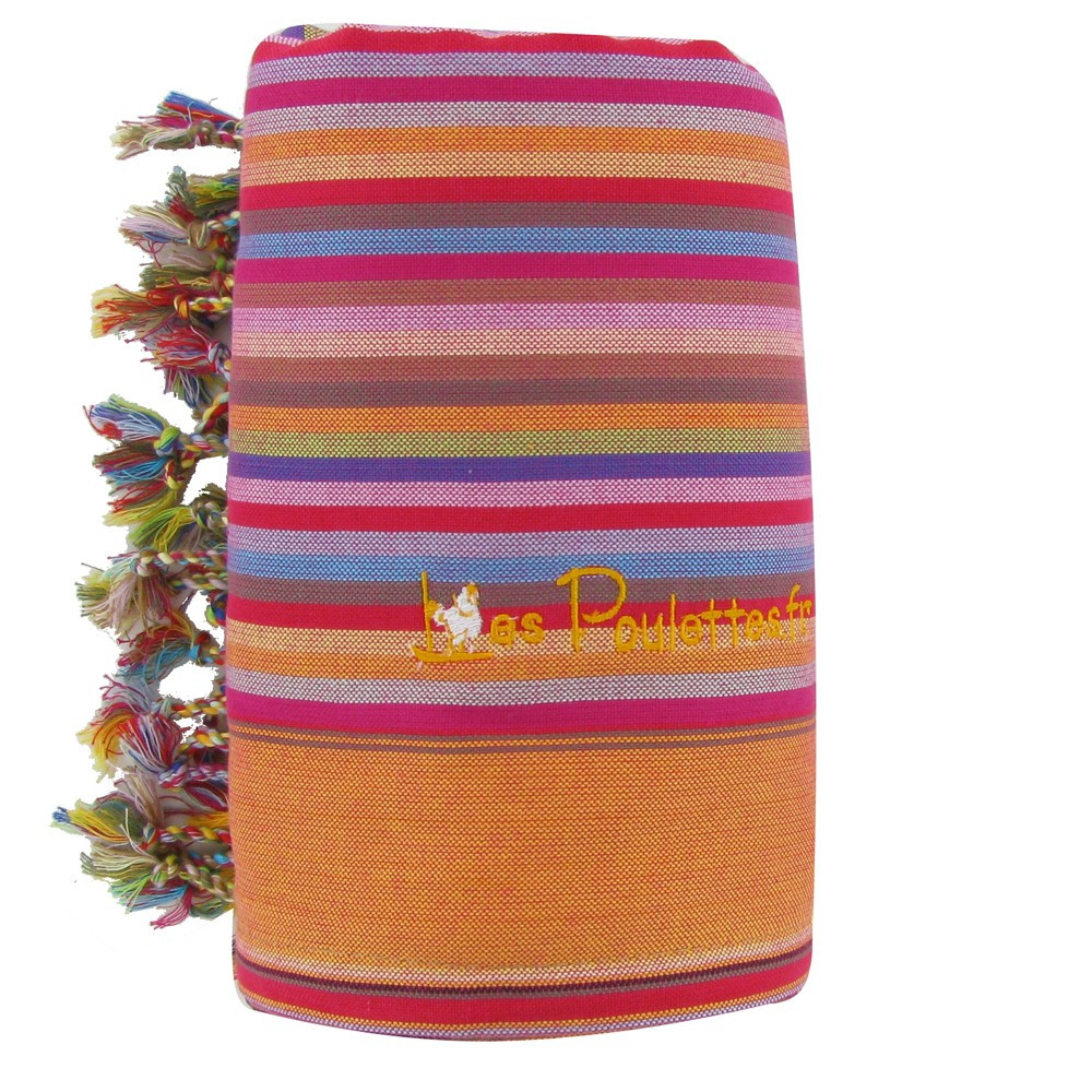 LES POULETTES BIJOUX Kikoy Serviette Plage Coton Couleur Rayé Orange Eponge Jaune