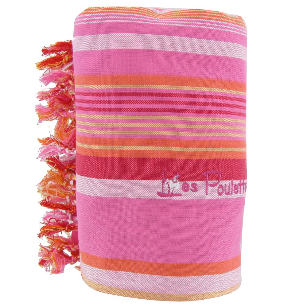 LES POULETTES BIJOUX Kikoy Serviette Plage Coton Couleur Rayé Rose Orangé Eponge Fuc