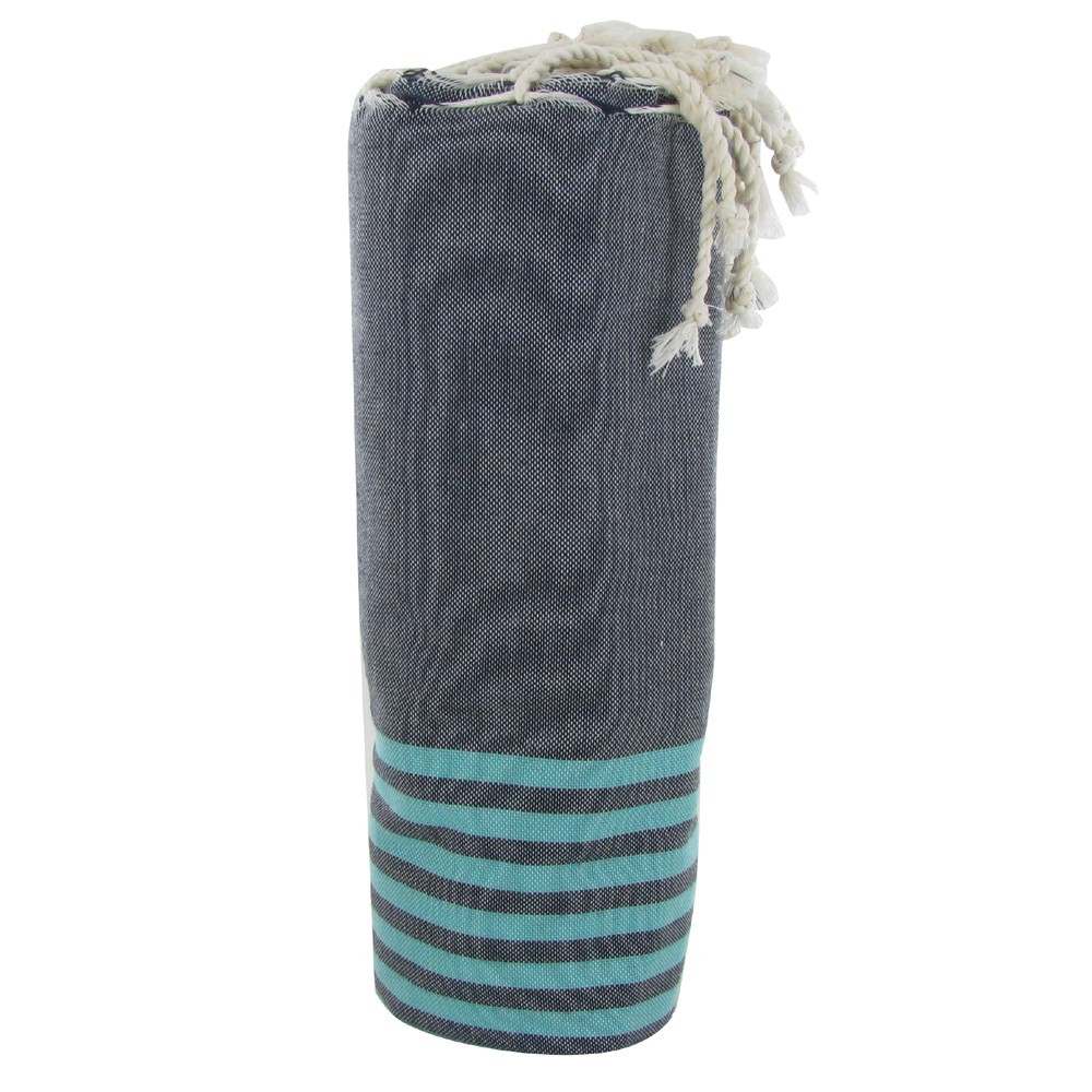 LES POULETTES BIJOUX V Fouta Drap Plage et Hammam Coton Couleur Gris Rayé Turquoise