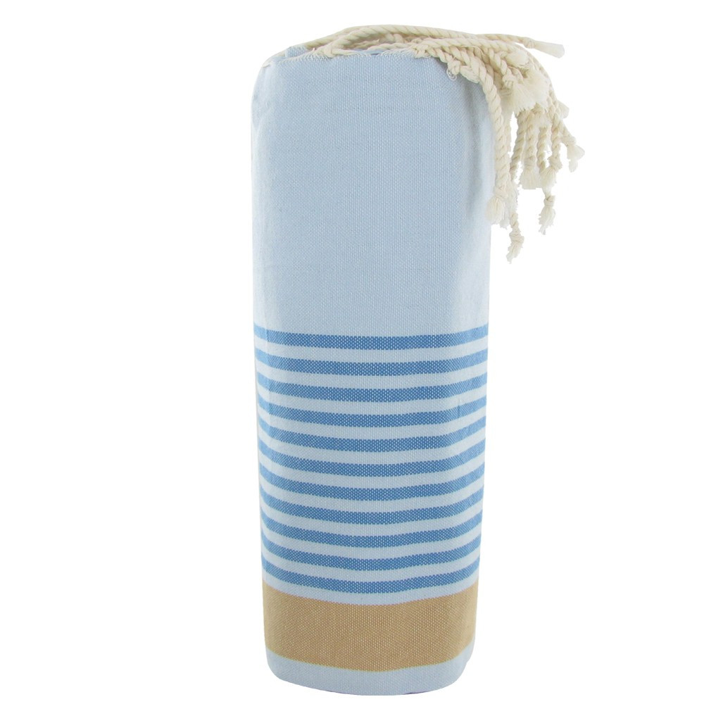 LES POULETTES BIJOUX V Fouta Drap Plage et Hammam Coton Couleur Bleu Rayé Bleu et Ma