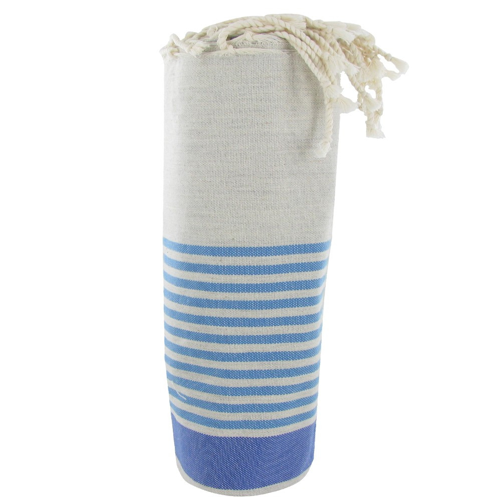 LES POULETTES BIJOUX V Fouta Drap Plage et Hammam Coton Couleur Beige Rayé Bleu