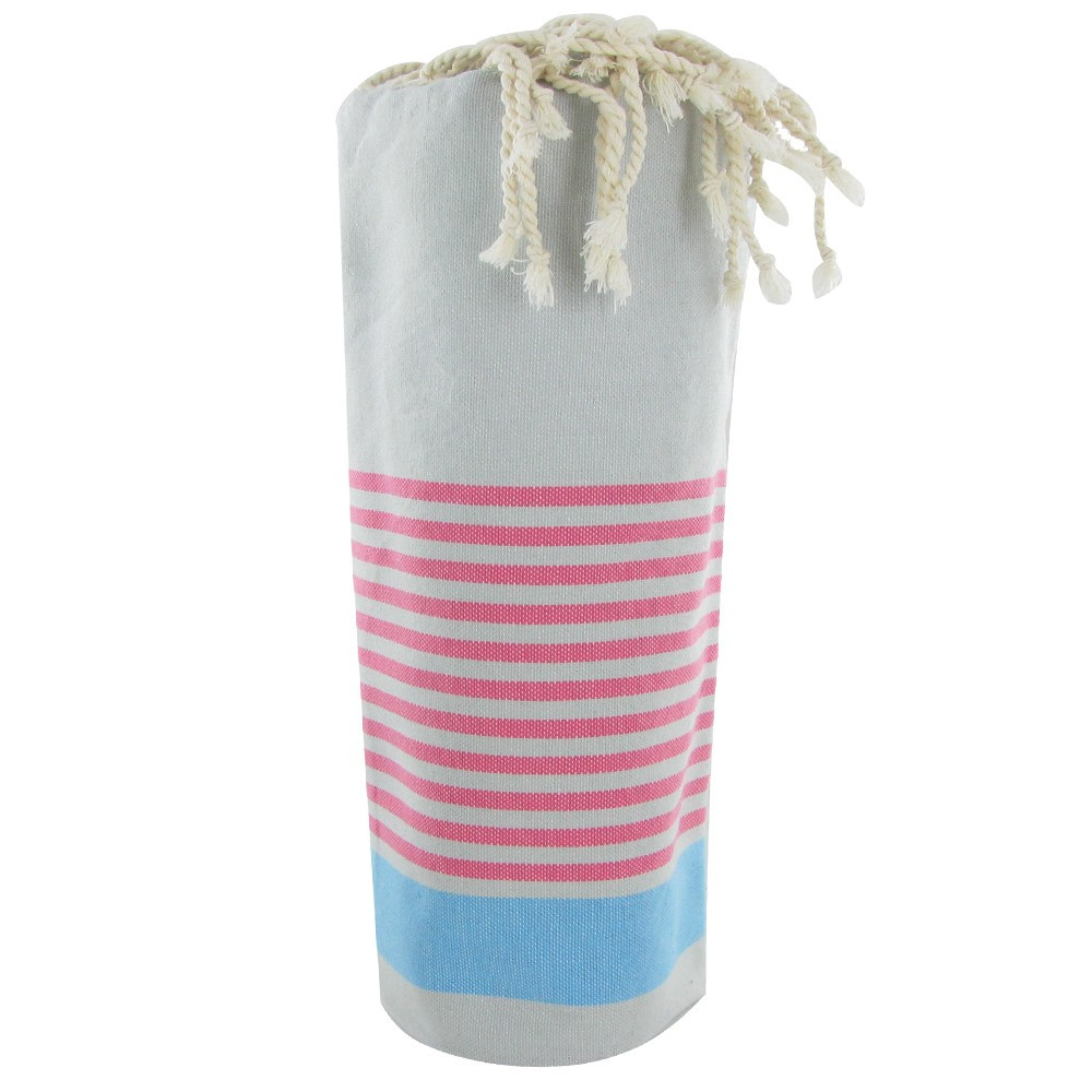 LES POULETTES BIJOUX V Fouta Drap Plage et Hammam Coton Beige Rayé Fuchsia et Turquo