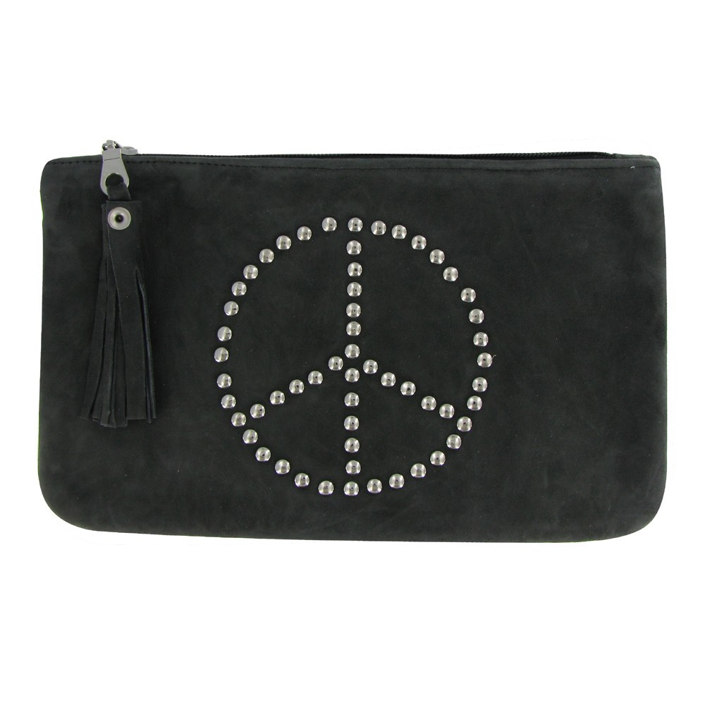 LES POULETTES BIJOUX - Pochette Sac Daim Clouté Signe Peace and Love Couleur Gris
