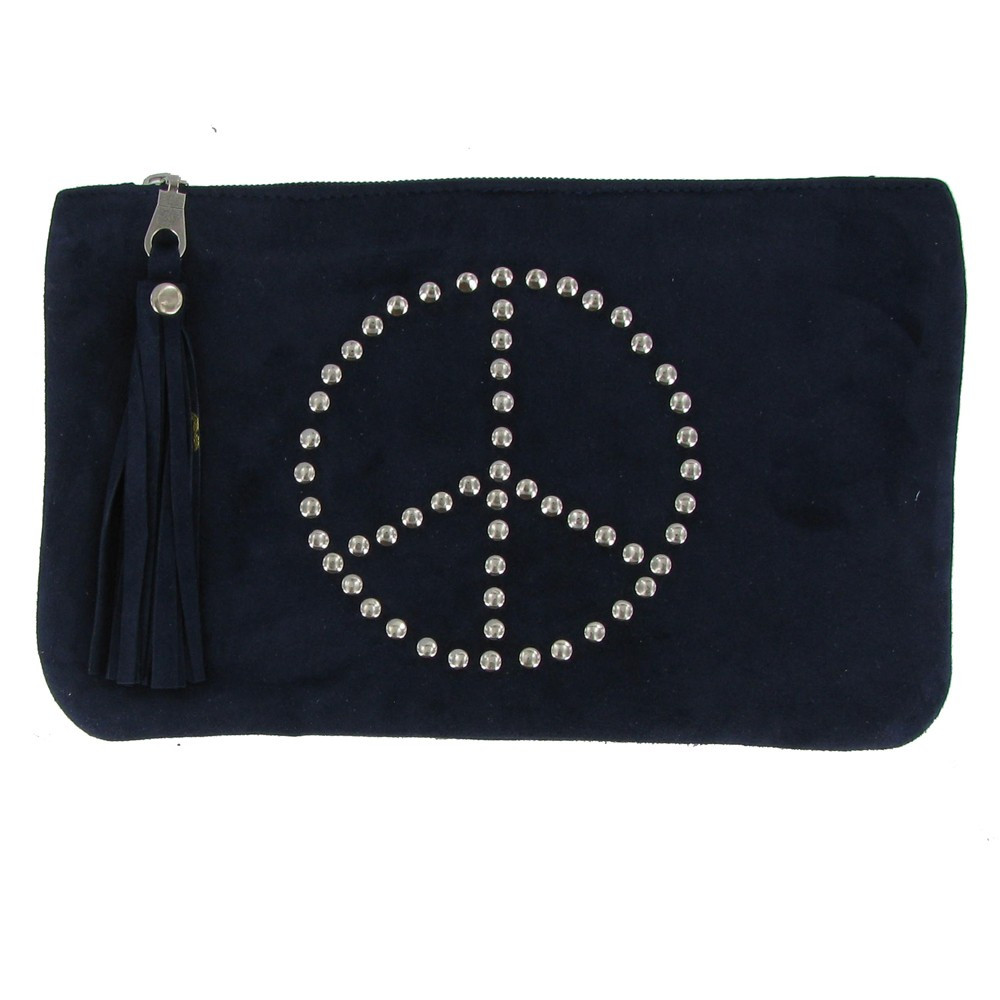 LES POULETTES BIJOUX - V Pochette Sac Daim Clouté Signe Peace and Love Couleur Bleu