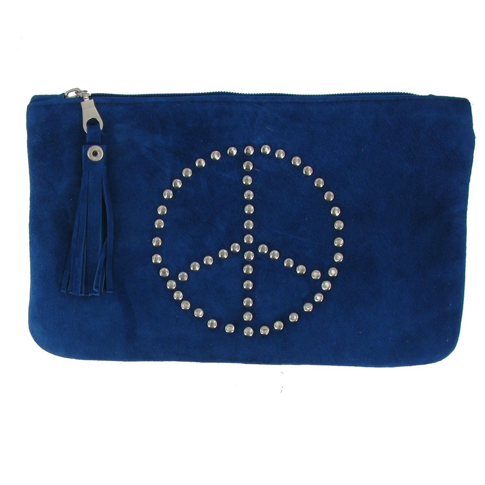 LES POULETTES BIJOUX - Pochette Sac Daim Clouté Signe Peace and Love Couleur Bleu Mer