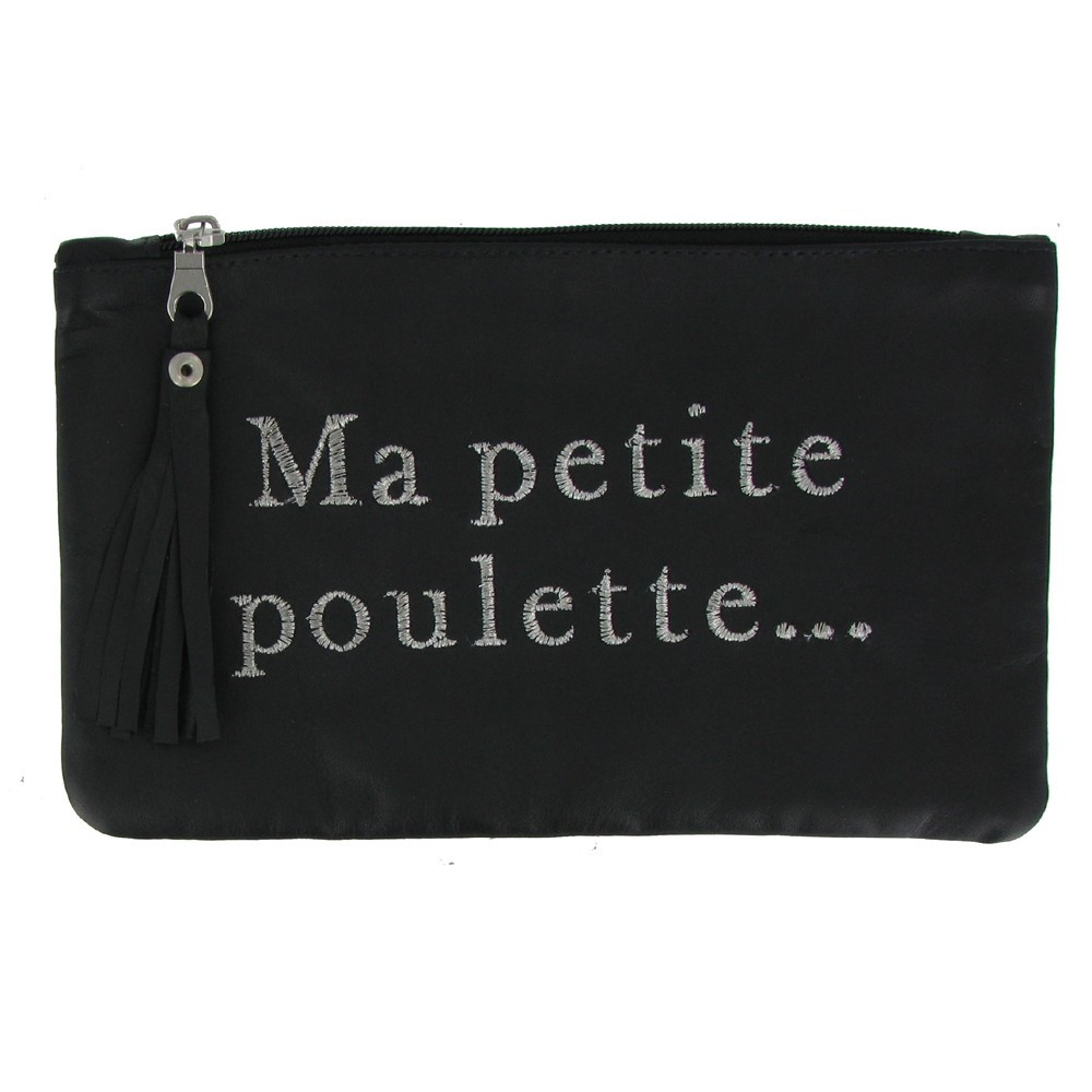 LES POULETTES BIJOUX - Pochette Sac Cuir Brodé Ma Petite Poulette Couleur Noir