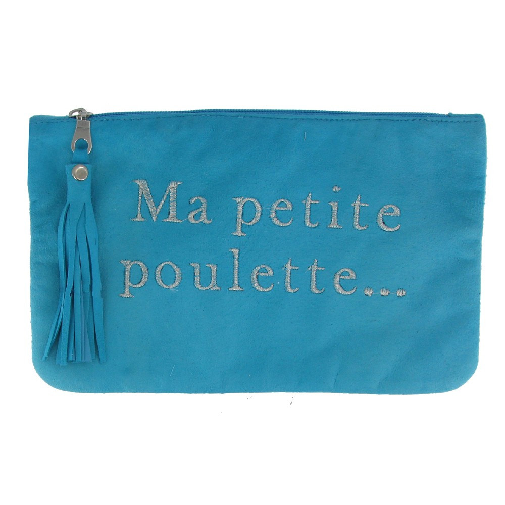 LES POULETTES BIJOUX - V Pochette Sac Daim Brodé Ma Petite Poulette Couleur Turquoise
