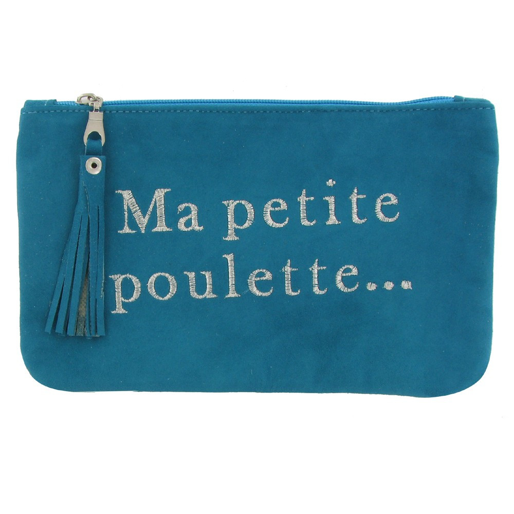LES POULETTES BIJOUX - V Pochette Sac Daim Brodé Ma Petite Poulette Couleur Bleu Vert