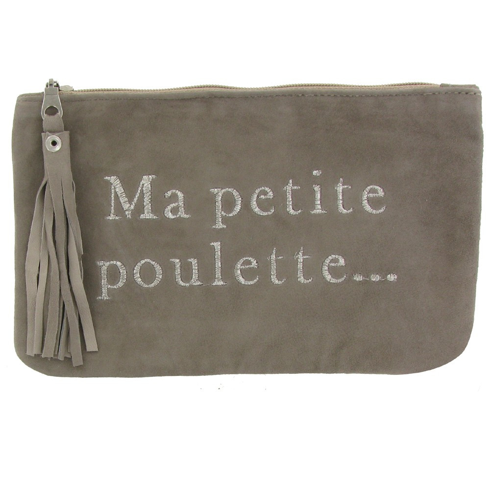 LES POULETTES BIJOUX - Pochette Sac Daim Brodé Ma Petite Poulette Couleur Taupe