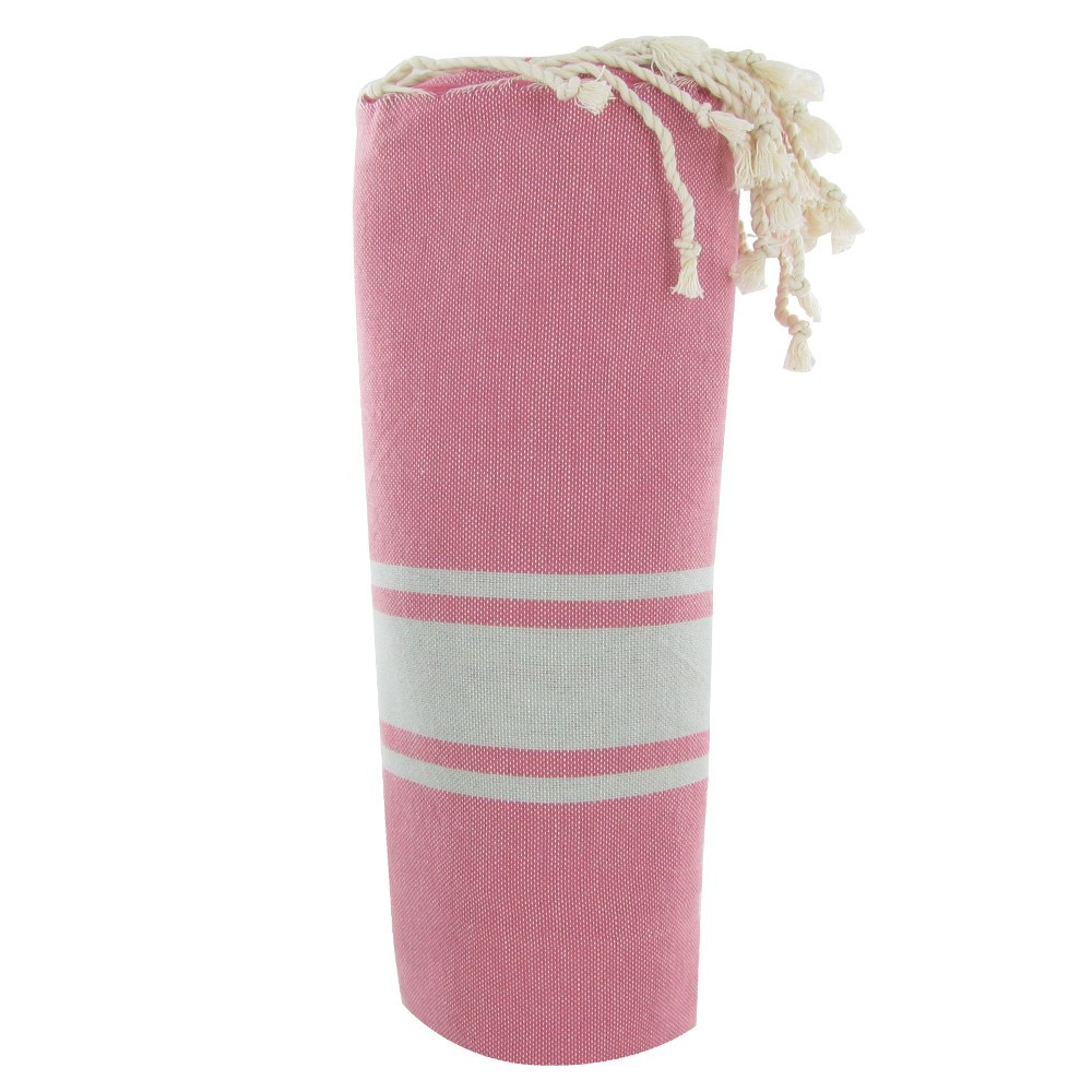 LES POULETTES BIJOUX V Fouta Drap Plage et Hammam Coton Couleur Rose Bandes Gris Cla