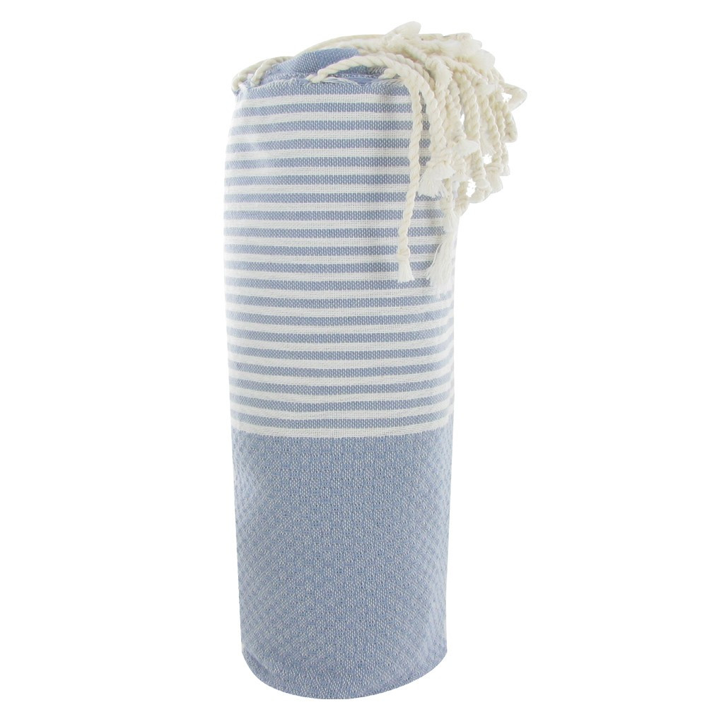 LES POULETTES BIJOUX V Fouta Drap Plage et Hammam Coton Nid d'Abeille Gris Bleu Rayé