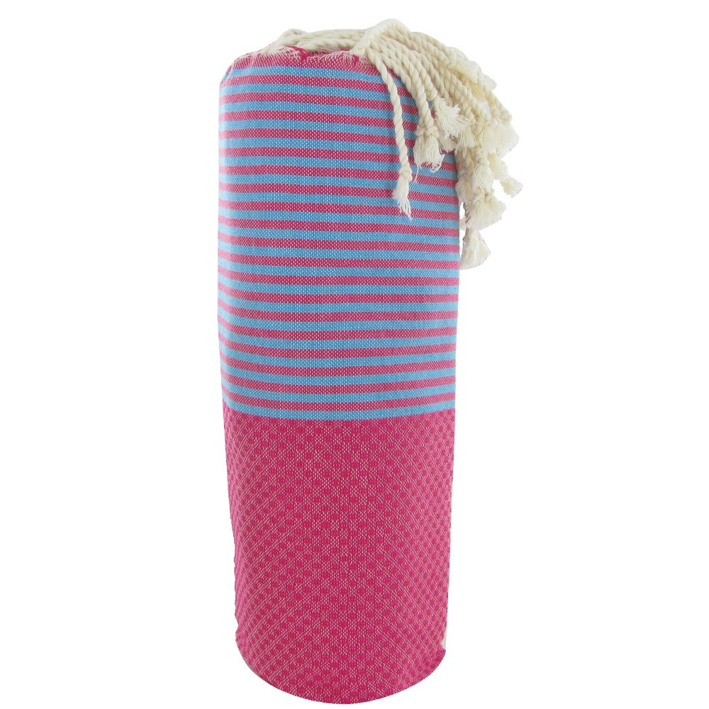 LES POULETTES BIJOUX - V Fouta Drap Plage et Hammam Coton Nid d'Abeille Fuchsia Rayé