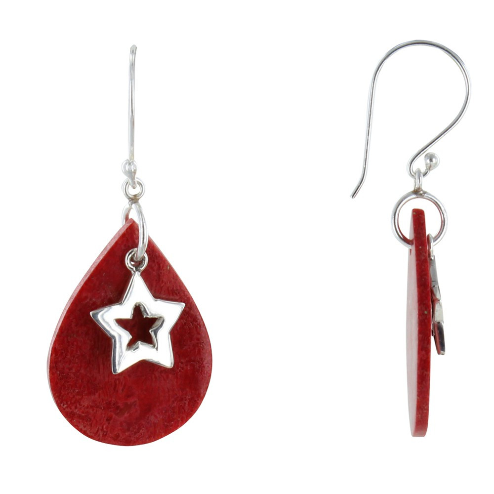 LES POULETTES BIJOUX Boucles d'Oreilles Argent Goutte Couleur Corail et Etoiles