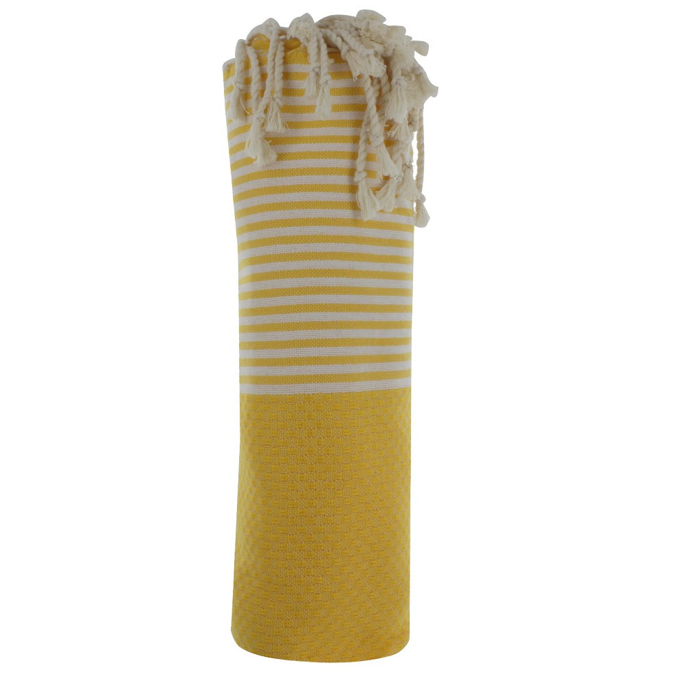 LES POULETTES BIJOUX V Fouta Drap Plage et Hammam Coton Nid d'Abeille Jaune Rayé Bla