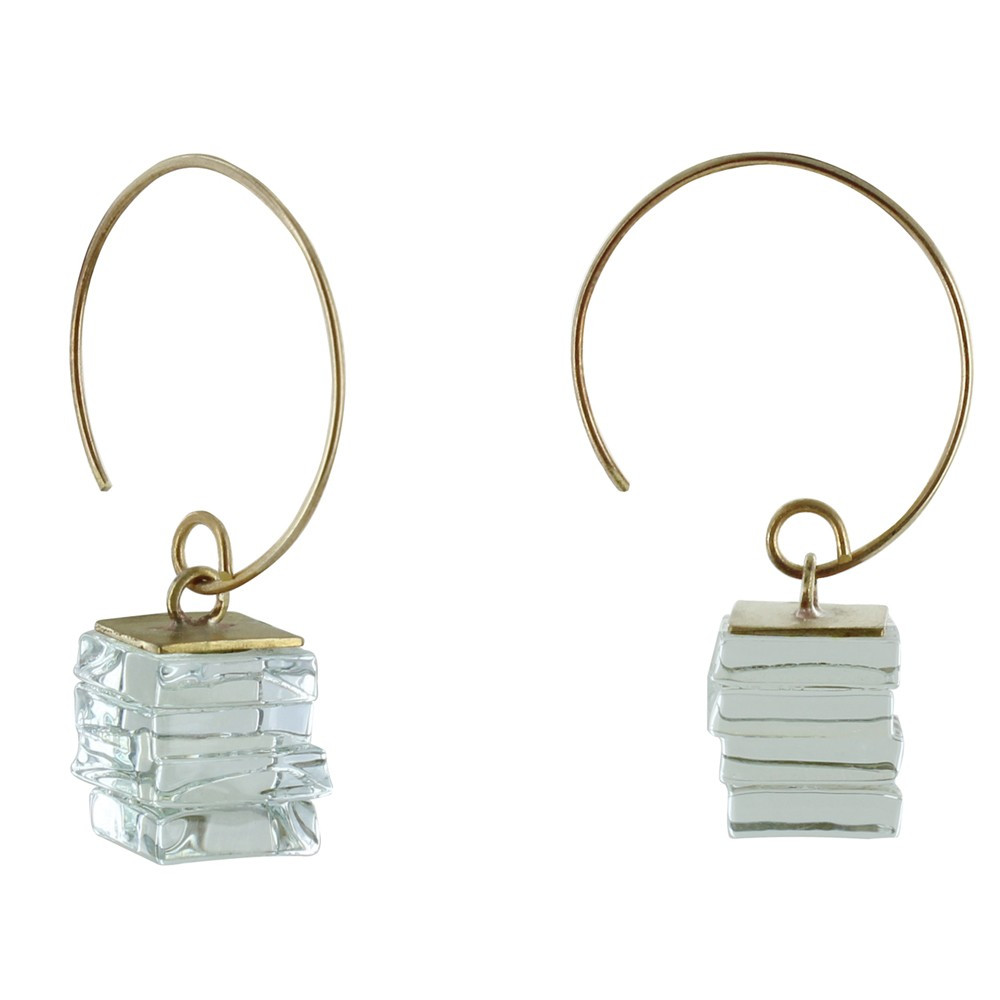 LES POULETTES BIJOUX - Boucles d'Oreilles Créoles Cube en Laiton et Feuilleté en Ver