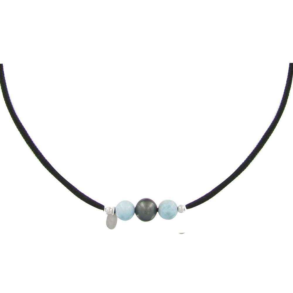 LES POULETTES BIJOUX Collier Lien Noir 1 Perle de Tahiti et 2 Perles de Larimar