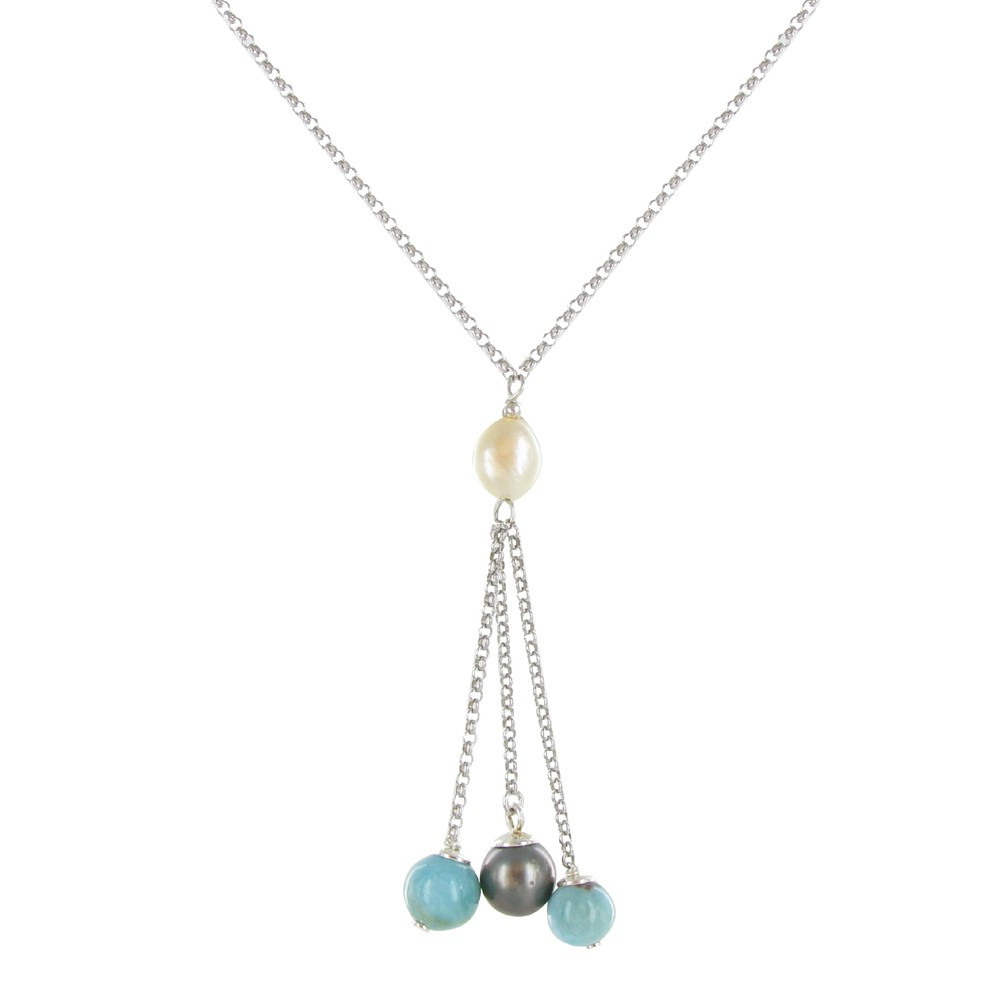 LES POULETTES BIJOUX Collier Argent Rhodié 1 Perle de Tahiti et 2 Perles de Larimar