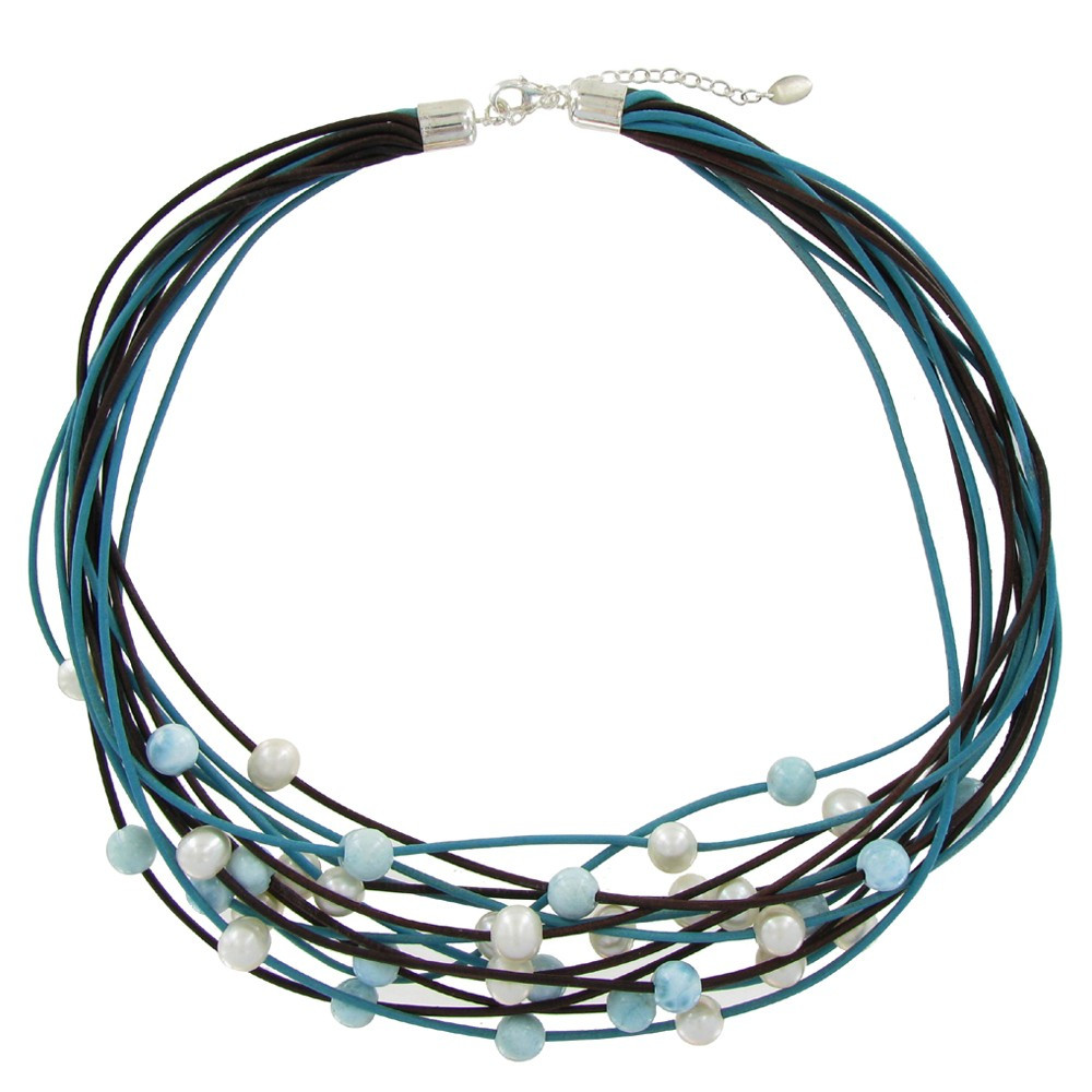 LES POULETTES BIJOUX Collier Multi Liens Cuir Marron et Bleu et Perles de Larimar et