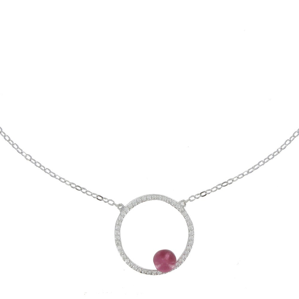 LES POULETTES BIJOUX Collier Argent Cercle de Strass et Perle Oeil de Chat Rose