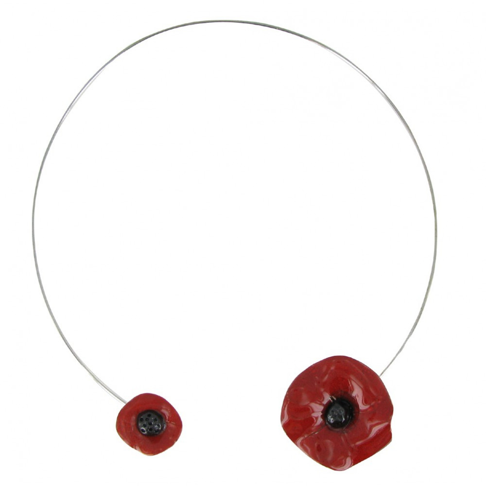 LES POULETTES BIJOUX Collier Ras de Cou Deux Coquelicots Céramique Rouge et Torque M