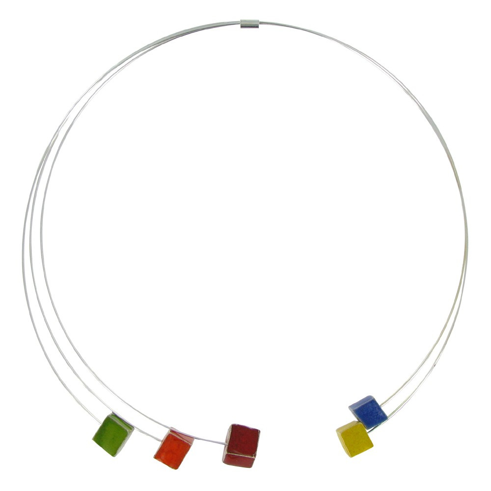 LES POULETTES BIJOUX - V Collier Ras de Cou Cinq Cubes Céramique Multicolores et Mét