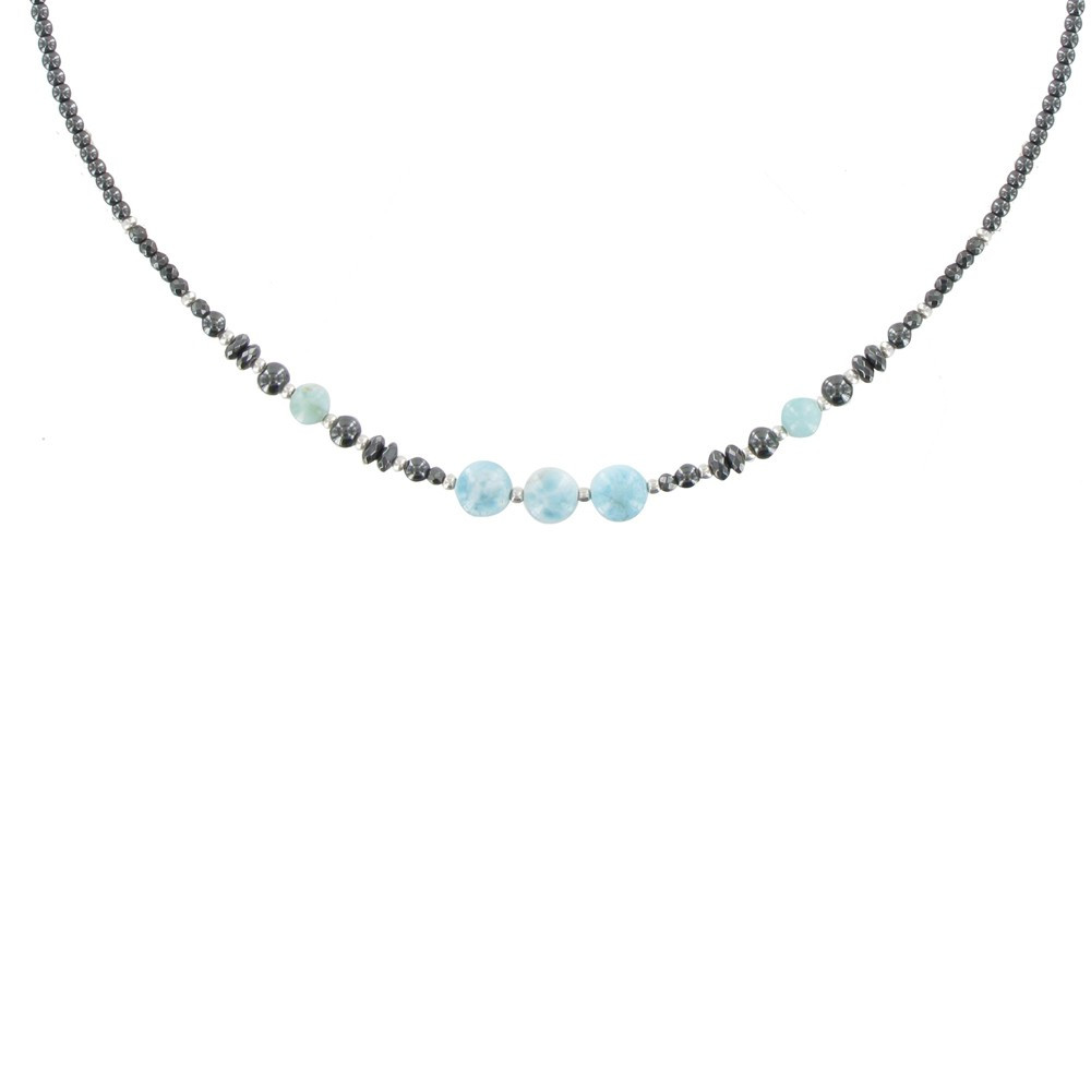 LES POULETTES BIJOUX Collier Argent Perles d'Hématite et de Larimar