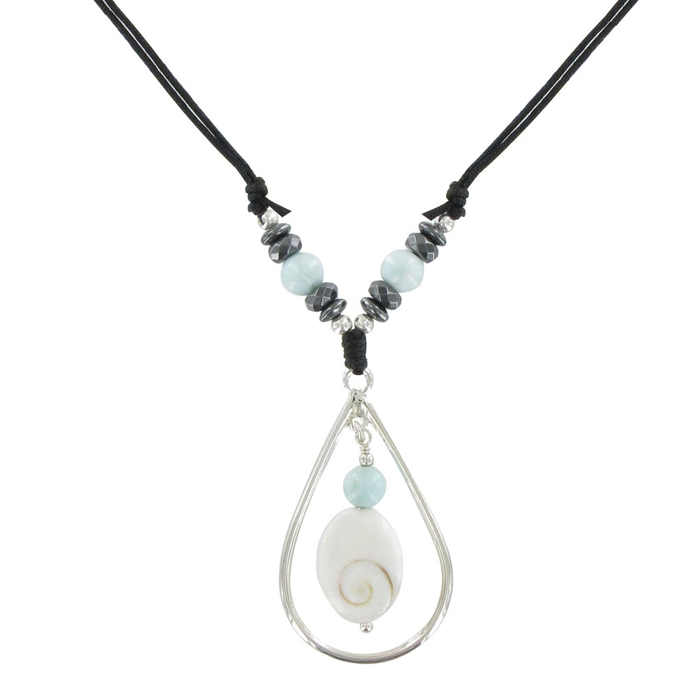 LES POULETTES BIJOUX Collier Coton Noir Argent Oeil de Ste Lucie et Larimar
