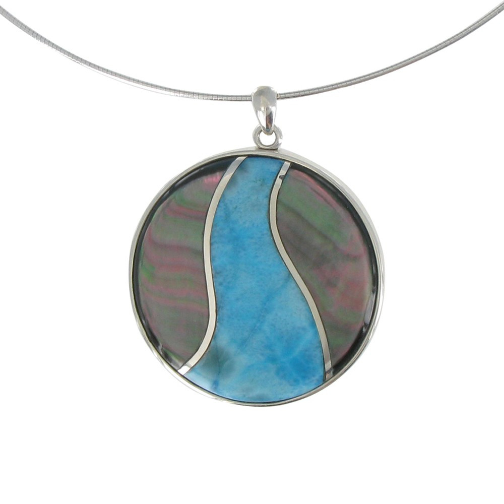 LES POULETTES BIJOUX Collier Argent Pendentif Cercle de Larimar et Nacre Grise - Tai