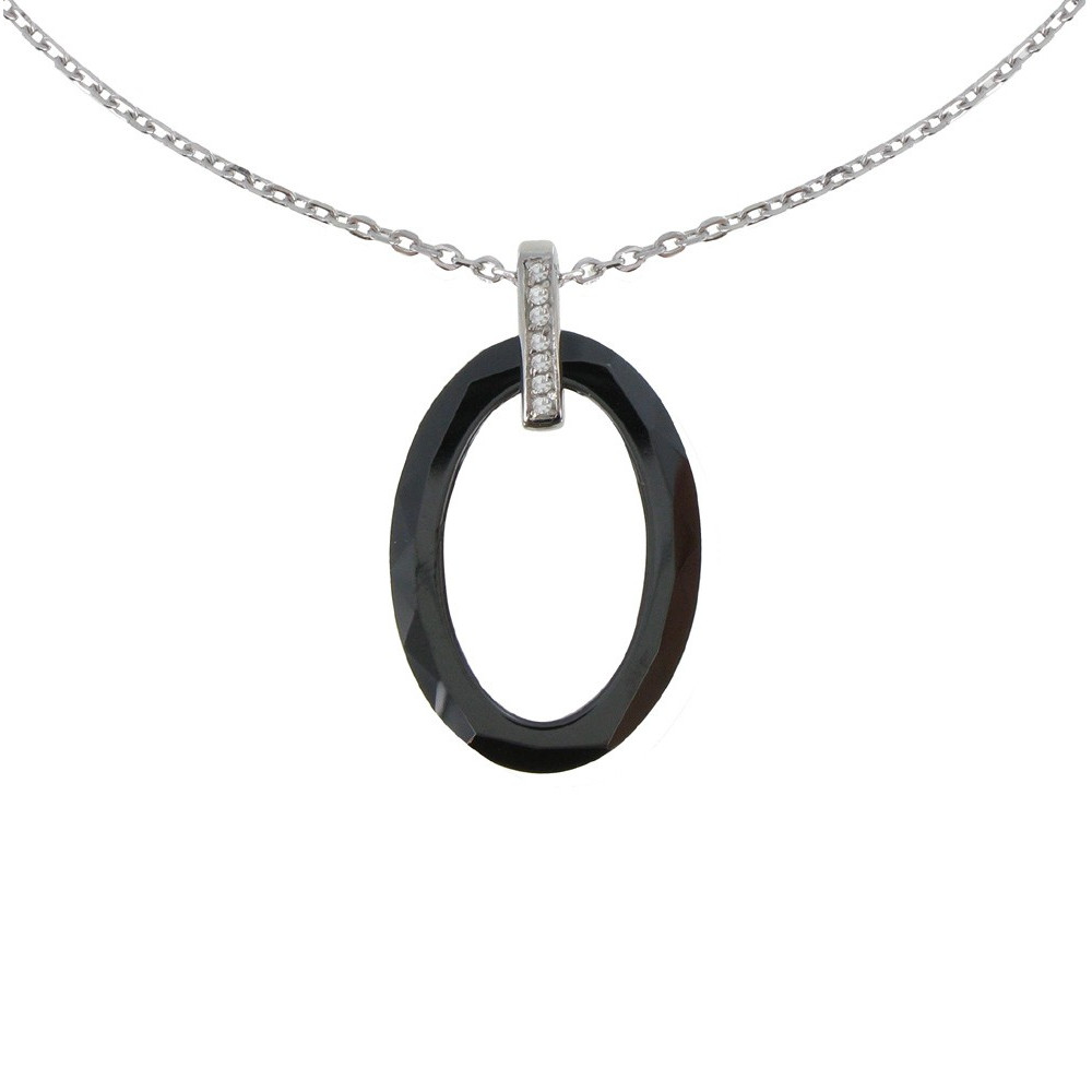LES POULETTES BIJOUX Collier Argent Ovale de Céramique Noire Facetté