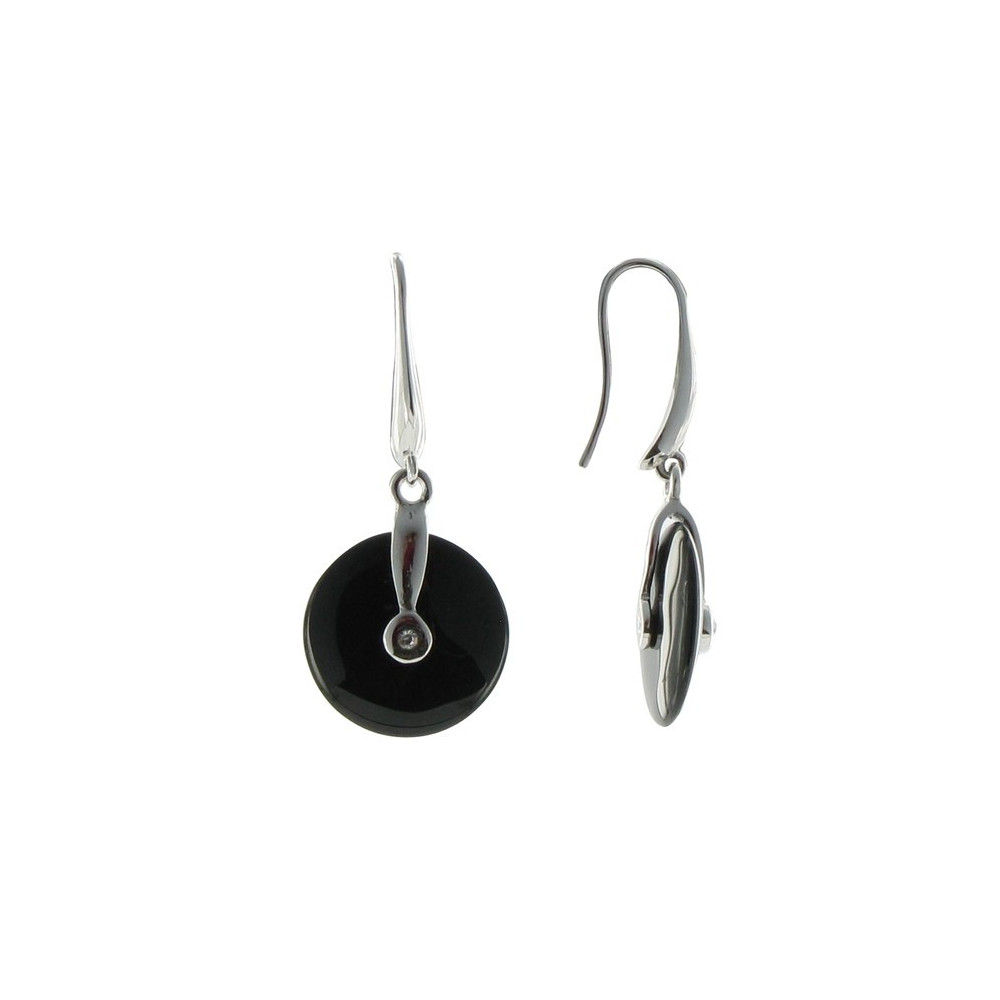 LES POULETTES BIJOUX Boucles d'Oreilles Argent Disque Argent et Onyx Noir