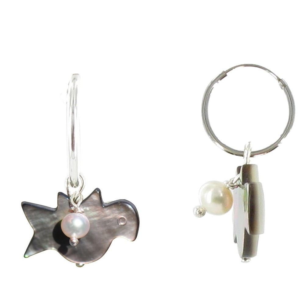 LES POULETTES BIJOUX V Boucles d'Oreilles Créole Argent et Oiseaux Nacre Grise Irisée
