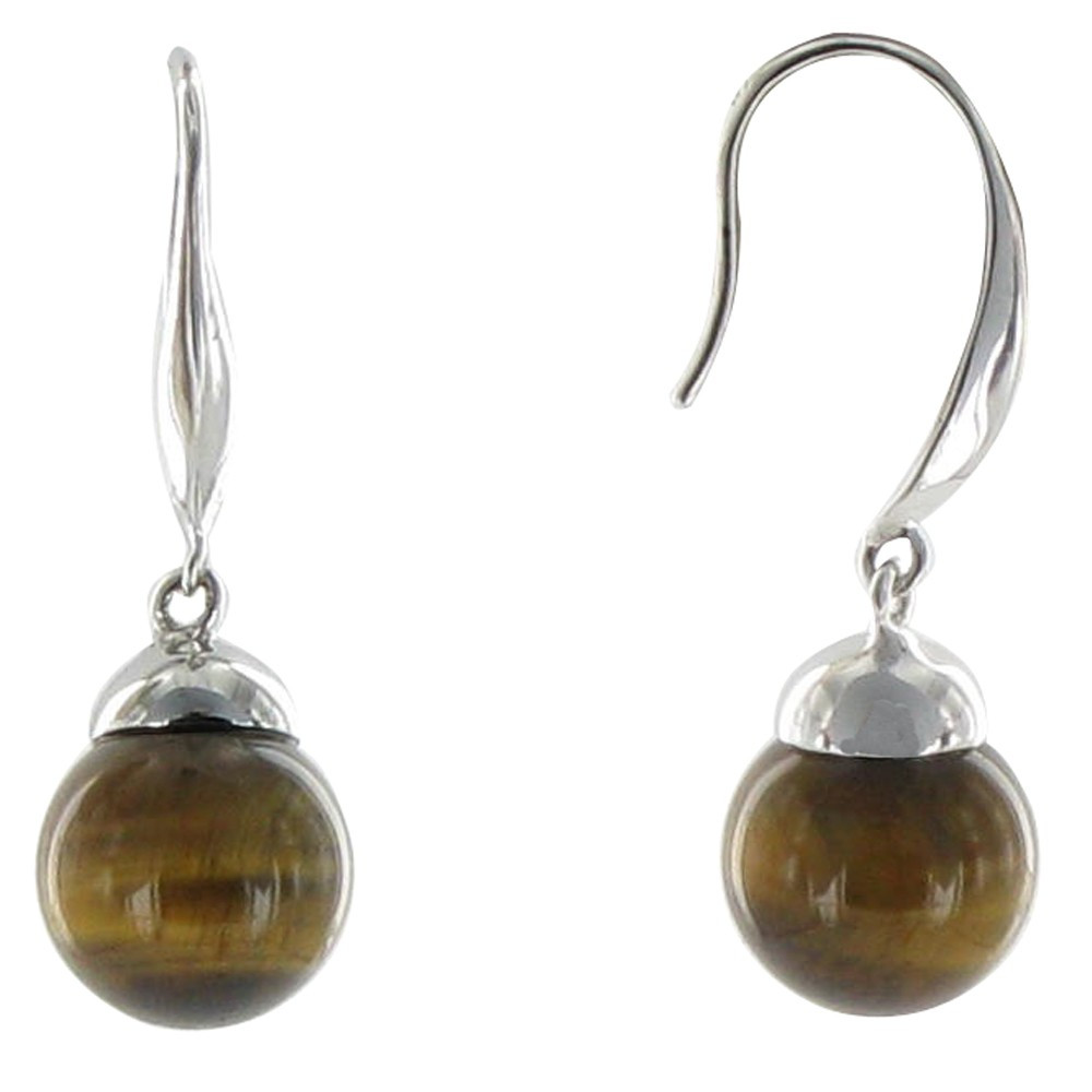 LES POULETTES BIJOUX Boucles d'Oreilles Argent Billes Oeil de Tigre Marron
