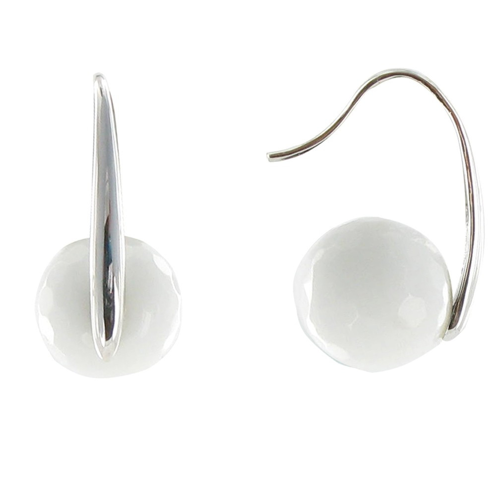 LES POULETTES BIJOUX V Boucles d'Oreilles Argent Une Perle d'Agate Blanche Facetée