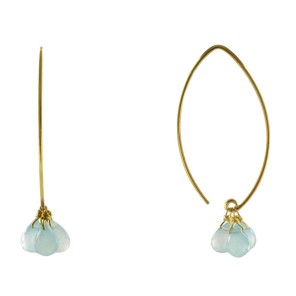 LES POULETTES BIJOUX V Boucles d'Oreilles Argent Doré 3 Gouttes de Calcédoine Verte