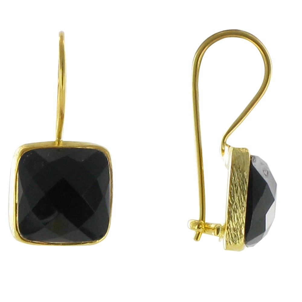 LES POULETTES BIJOUX Boucles d'Oreilles Argent Doré Crochet Carré Facetté d'Onyx Noir