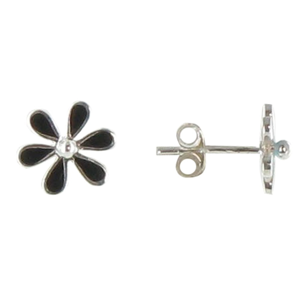 LES POULETTES BIJOUX Boucles d'Oreilles Argent Puces Petites Fleurs Résine Noire
