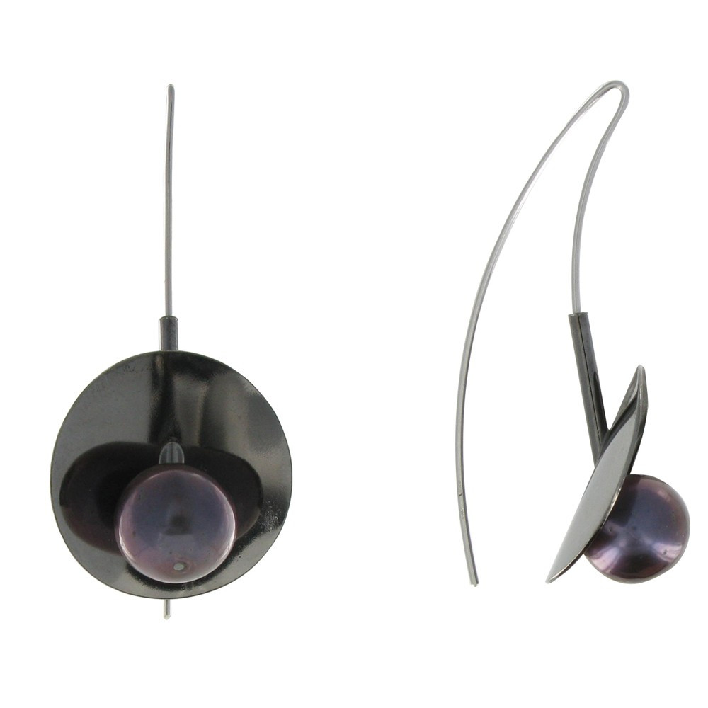 LES POULETTES BIJOUX Boucles d'Oreilles Argent 925 Rhodié Oxydé Nénuphars et sa Perl