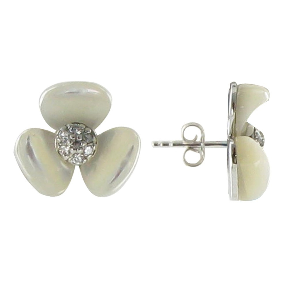 LES POULETTES BIJOUX Boucles d'Oreilles Puces Argent Fleurs et Nacre Ivoire