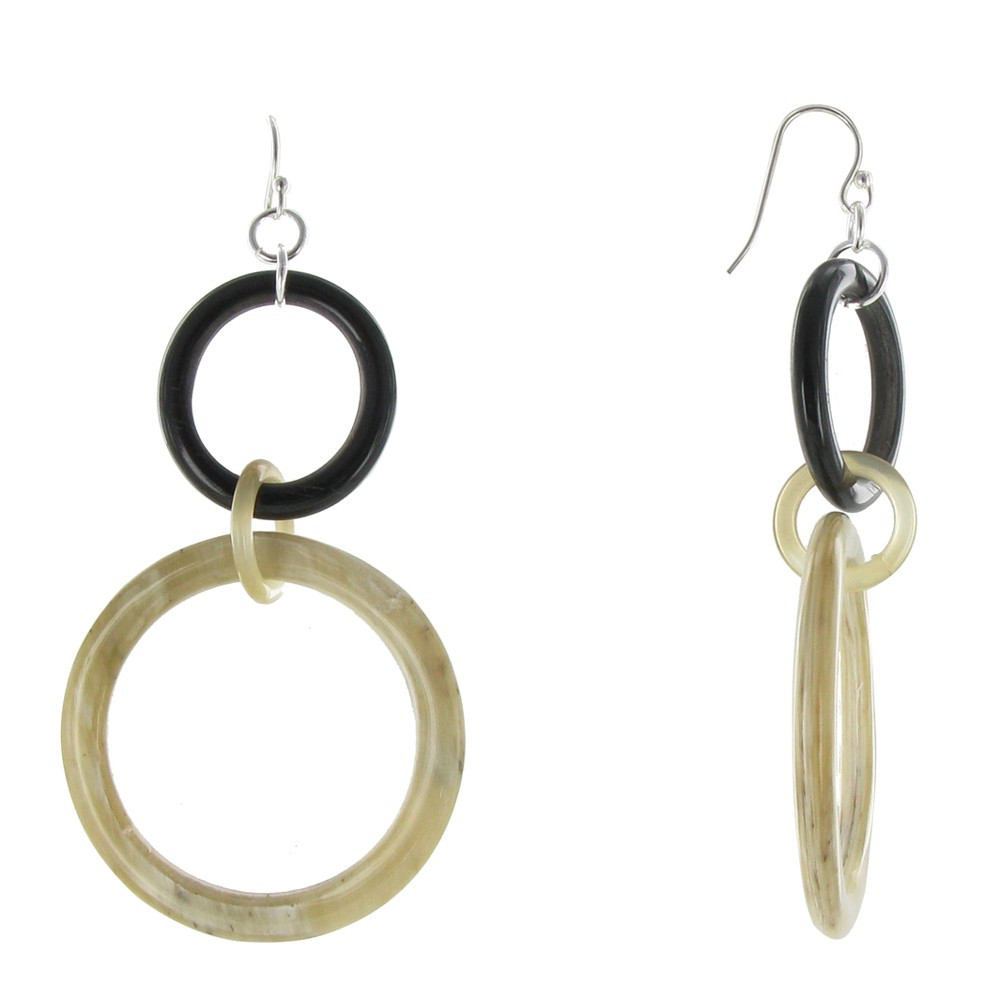 LES POULETTES BIJOUX V Boucles d'Oreilles Corne Grand et Petit Anneau Noir et Ivoire