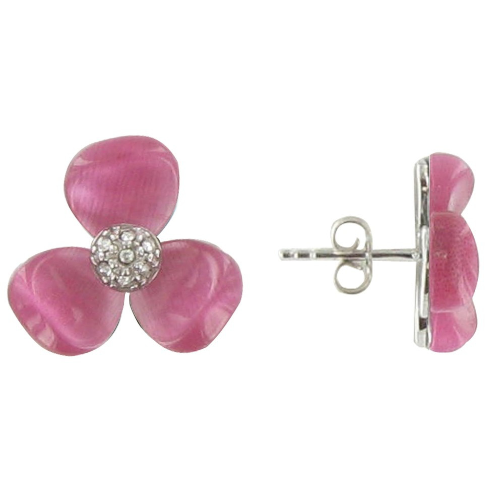 LES POULETTES BIJOUX V Boucles d'Oreilles Puces Argent Fleurs et Oeil de Chat Rose