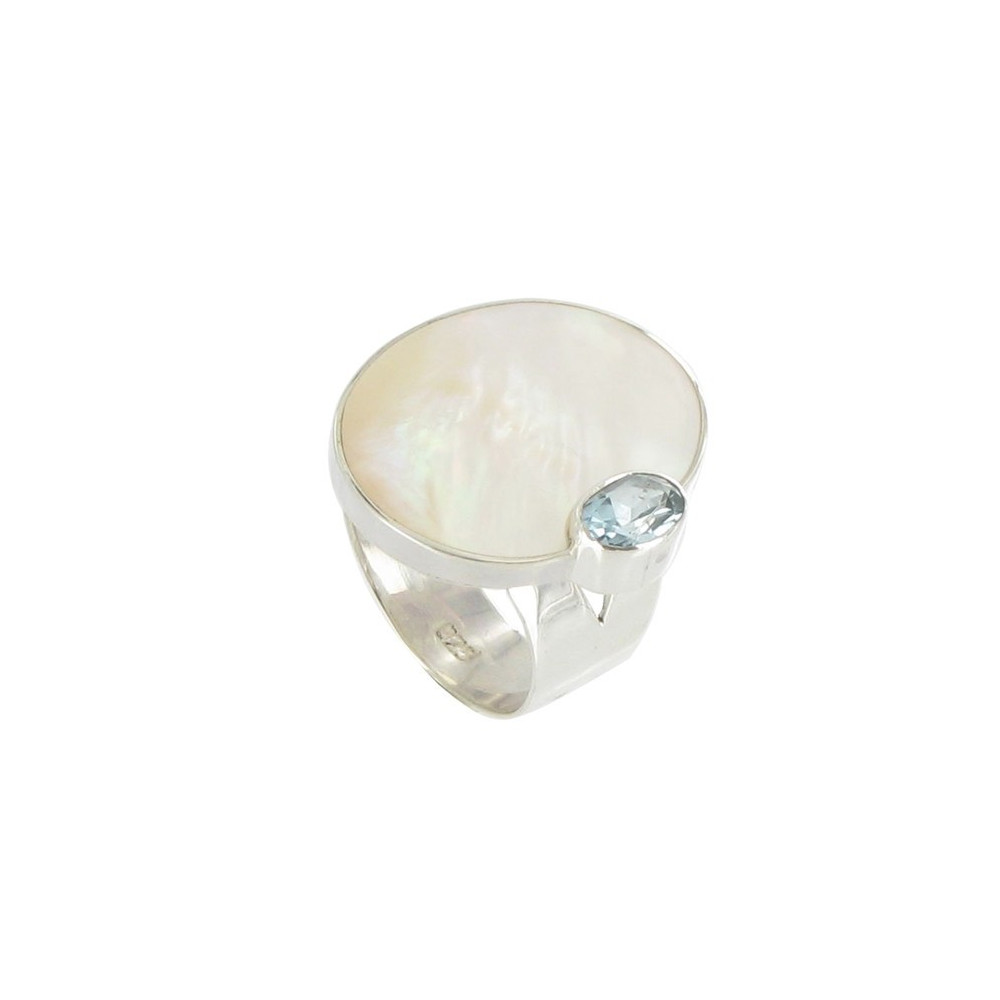 LES POULETTES BIJOUX V Bague Argent 925 Nacre et Topaze Bleue - taille 48
