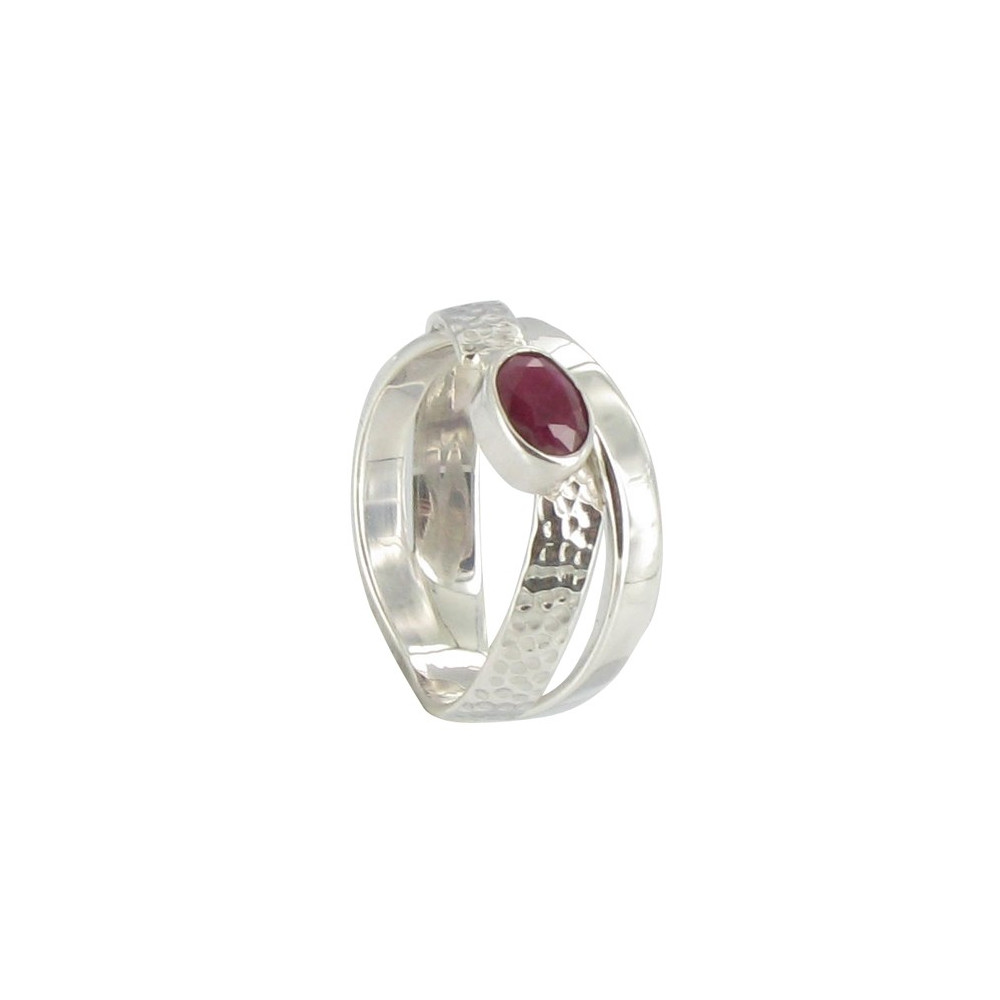 LES POULETTES BIJOUX Bague Double Anneaux en Argent et son Rubis Oval - taille 50