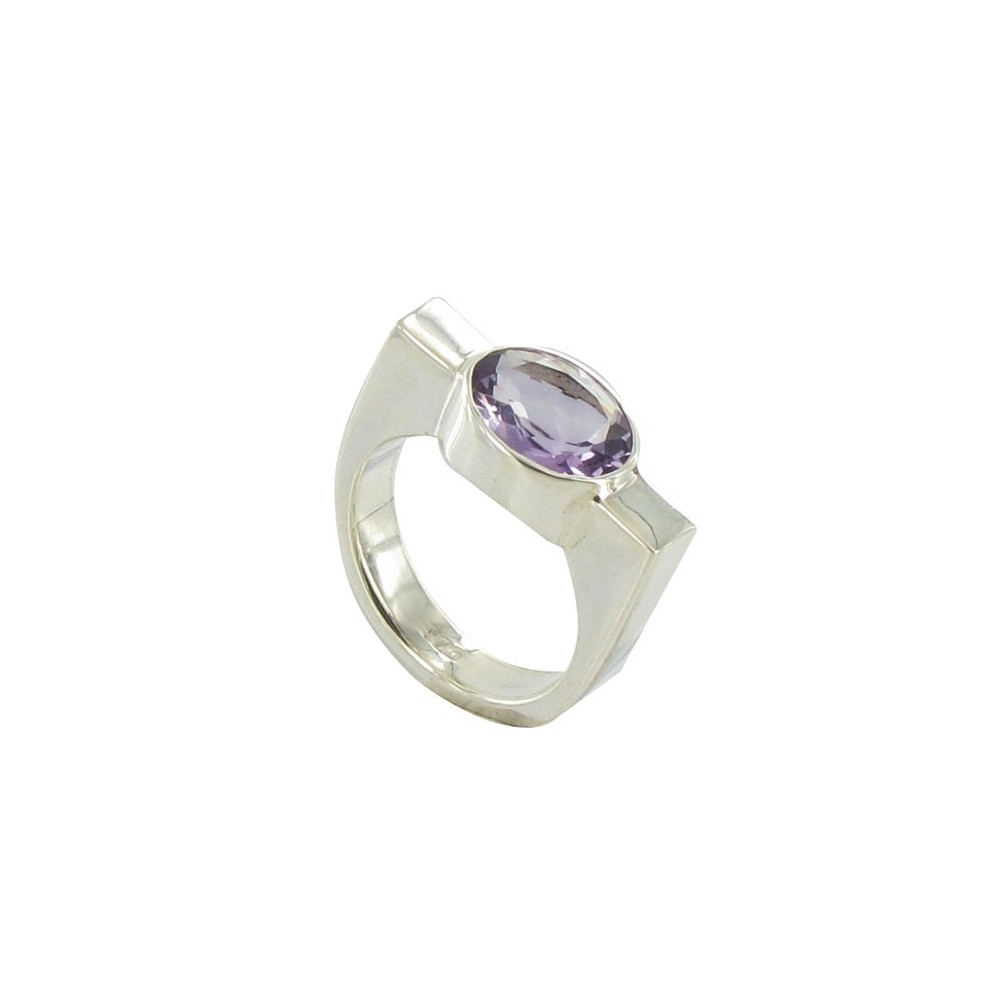 LES POULETTES BIJOUX Bague Rectangle en Argent et son Améthyste Ovale - taille 56